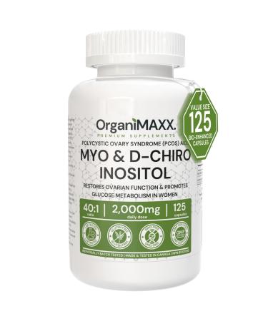 Myo-Inositol & D-Chiro Inositol Capsules | Max Strength 125 Capsules 2 000mg Daily Dose. PCOS Supplement For Women 40:1 Ratio | Inositol Hormone Balance Supplements Women Restore Ovarian Function and Promote Glucose Metabolism.