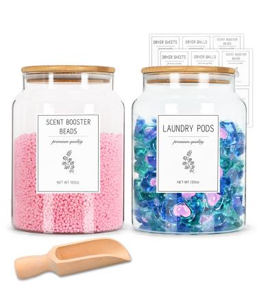 Laundry Pods Container with 1 Scoop & 12 Labels for Laundry Room Organization 2 Pack 120OZ Glass Laundry Containers for Laundry Detergent Pods Powder Dryer balls Scent Boosters
