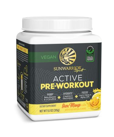 Sunwarrior Pre Workout Powder Energy Drink | Vegan Plant-Based Pre-Workout Supplement | Pump Hydrate Focus Endurance & Strength Builder | Yuzu Mango Flavored | 30 Servings | Active Preworkout