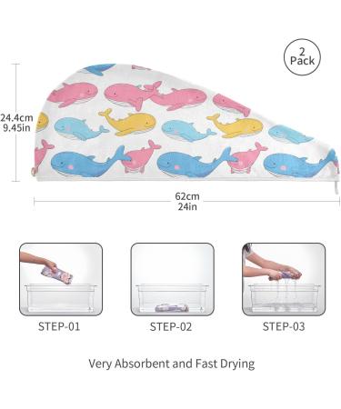 Pink Yellow Blue Whales Hair Towel 2 Pack | Super Absorbent Quick Dry Hair Turbans for Women & Girls - Buy Online on GoSupps.com