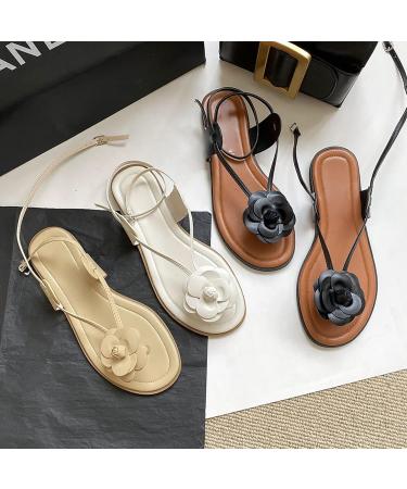 Elegant Black Flat Sandals for Summer - Non-Slip Soft Sandals with Artificial Flower | Size 38 EU - Buy Online on GoSupps.com