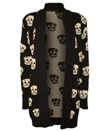 Fast Fashion Ladies Long Sleeves open Cardigan Skull Owl Front and above M-L Sch del Schwarz