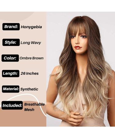 Honybia Ombre Brown Wig with Bangs | Light Brown Wigs for Women | Synthetic Heat-Resistant Wavy Hair for Cosplay & Parties - Buy Online on GoSupps.com