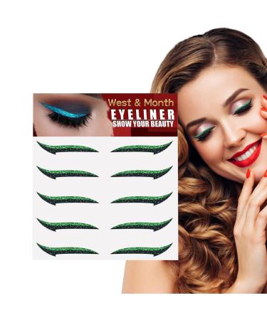 Stick On Glitter Eyeliner Sparkle Instant -Adhesive Eyeliner Stencil 5 Pairs Sticker Eyeliner with Shine Effect Makeup Eyeliner Stickers for Women and Girls Dudok Green (Five Pairs)