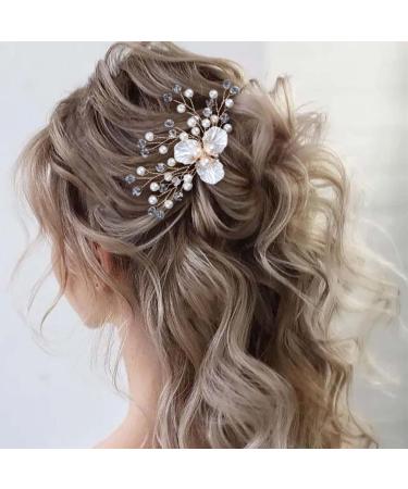 Dervivea Bridal Crystal Flower Hairpins Bride Wedding Pearl Hair Pins Gold Rhinestone Hair Pieces Vintage Flower Weddings Hair Comb Decorative Hair Accessories for Women and Girls Headdress - Buy Online on GoSupps.com