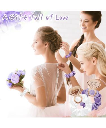 Bridesmaid Satin Scrunchies Set - 8pcs Hair Ties for Wedding Parties & Bridal Shower, Soft Elastic Hair Bands in White and Purple - Buy Online on GoSupps.com
