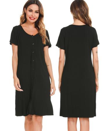 Lovasy Women's Button Down Maternity Nightdress with Pockets - Soft Nighties for Nursing Labor - Black S - Buy Online on GoSupps.com