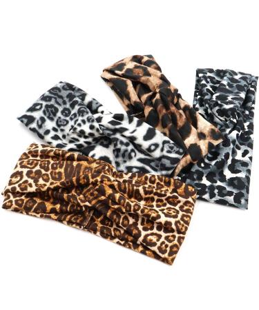 NODG 4 Pieces Knot Headbands for Women Leopard Headbands Knotted Headbands Wide Headbands Turban Hairband Vintage Head wrap Elastic Hair Hoops Fashion Hair Accessories for Women