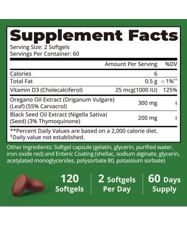 HojaSana Oregano Oil with Black Seed Oil Vitamin D3, 3-in-1 Enteric Coated Softgels Oregano Herbal Supplement for Immune Support & Overall Welleness, 60-Day Supply - Buy Online on GoSupps.com