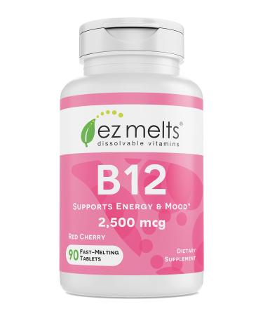 EZ Melts Dissolvable Vitamin B 12 Supplements for Improved Intake - Bioactive B 12 Vitamin to Help Overall Wellbeing - Zero Sugar B12 Vitamins - Vegan Vitamin B12 Tablets - Cherry Flavor - 90 Ct