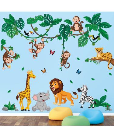 DECOWALL DSL-8069 Jungle Animals Cartoon Wall Stickers Elephant Giraffe Lion Safari Decals for Baby Nursery Kids Room Bedroom Living Room Wall D cor