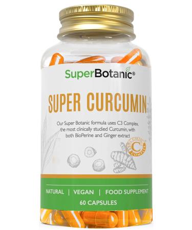 Super Botanic Curcumin Capsules 500mg 60 Vegan Capsules | Curcumin C3 Complex with Bioperine & Ginger Extract | 33 000mg Turmeric Supplements Equivalent | 100% Natural & Made in the UK | Bottle