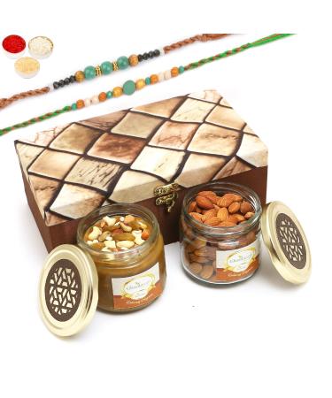Ghasitaram Gifts Rakhi Gifts for Brothers Miracle Box of 2 Jars of Dryfruit Halwa and Almonds with 2 Green Beads Rakhis Box of 2 Jars of Dryfruit Halwa & Almonds 2 Rakhis