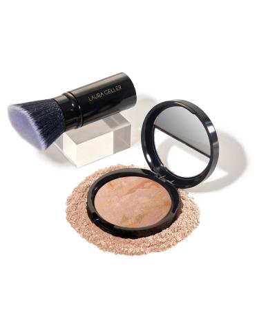 LAURA GELLER NEW YORK Award-Winning Baked Balance-n-Brighten Color Correcting Powder Foundation - Fair - Light to Medium Coverage - Demi-Matte Natural Finish and Retractable Angled Kabuki Brush