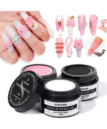STARVINA Solid Builder Gel Nail Kit 5 in 1 Non Stick Builder Gel for Acrylic Nails Pink White Clear Nail Extension Gel for UV Nail Glue Carving 3D Modeling Nail Art (3PCS 15ML UV Lamp Required) Pink&Clear&White