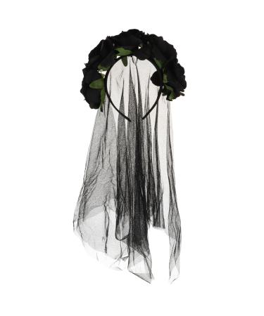 Lurrose Rose Floral Crown Schleier Halloween costume Mexican headband Day of the Dead Headpiece for Festival Carnival Party (black pattern)