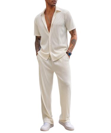 COOFANDY Men's 2 Piece Outfit Casual Short Sleeve Button Down Shirt Beach Summer Loose Pant Sets Beige Medium