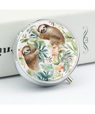 Round Pill Box with Watercolor Sloth Print | 3 Compartment Medicine Organizer | Decorative Metal Portable Pill Case - Buy Online on GoSupps.com