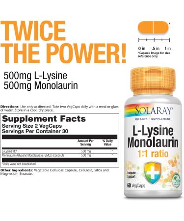 Solaray L-Lysine Monolaurin 1:1 Ratio - 60 Vegetarian Capsules for Immune Support - Buy Online on GoSupps.com