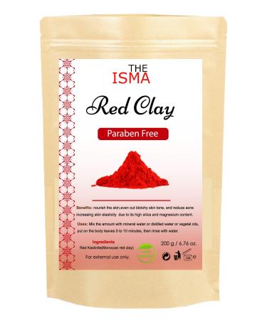THE ISMA Ghassoul Moroccan Clay Powder Green Clay Red Clay and White Clay in Sizes 100g 200g for Facial and Hair Mask Cleansing (200g Red Clay)