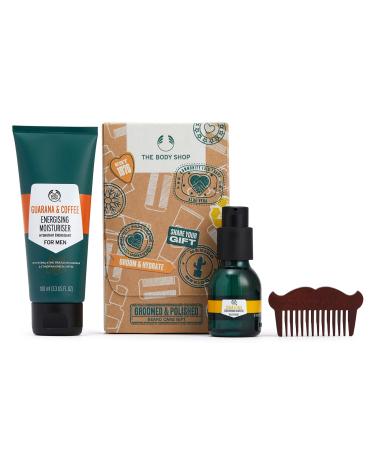 The Body Shop Groomed & Polished Beard Care Gift Set Vegan Cedar & Sage Beard Oil 30 ml Guaran & Coffee Moisturizer and Comb