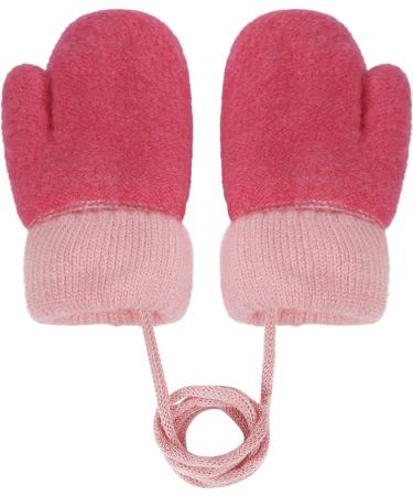 Kids Toddlers Knitted Gloves Mittens with String | Fleece Lined Winter Mittens for Boys Girls | Cartoon Design | Ages 0-3 | Rose Red - Buy Online on GoSupps.com