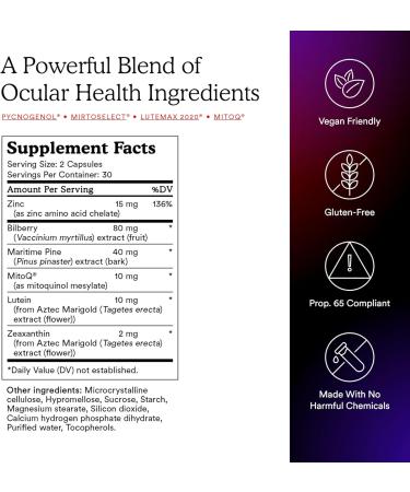 MitoQ +Eye Eye Health Supplement with Lutein & Zeaxanthin (5:1 Ratio) Bilberry Maritime Pine Bark Zinc Mitoquinol | Supports Macular Health Visual Clarity & Blue Light Defense - Buy Online on GoSupps.com