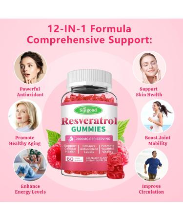 2000mg Organic Resveratrol Gummies for Women - Sugar Free Resveratrol-Nutritional-Supplements for Antioxidant Support Cellular Health Immunity Brain & Energy Raspberry Flavor 120 Count 60 Count (Pack of 2) - Buy Online on GoSupps.com