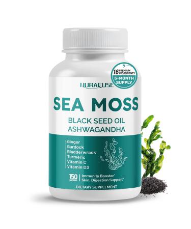 SEA Moss Black Seed Oil Ashwagandha Ginger 16-in-1 Formula - with Burdock Bladderwrack Turmeric Non-GMO Gluten-Free Soy-Free 150 count (pack of 1)