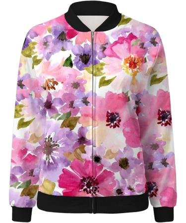 Women's Light Bomber Jacket with Flower Pattern - Casual Summer Aviator Zipper Jacket | Pink XL Outwear for College - Buy Online on GoSupps.com
