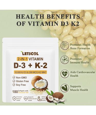 2-in-1 Vitamin D3 K2 Supplement Softgel Vitamin D3 10000 IU and Vitamin K2 200 mcg K2 MK7 with D3 Vitamin Supplement Support Immune Heart Joint Teeth & Bone Health 180 Count (Pack of 1) 10 000 IU D3 & 200MCG K2 180 Sof  - Buy Online on GoSupps.com