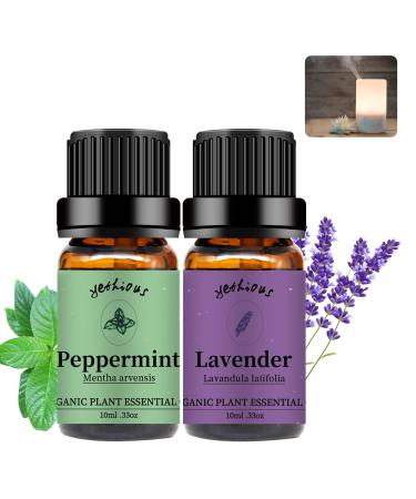 yethious 2 Pack 100% Pure Lavender Peppermint Essential Oil Set Organic Undiluted Aromatherapy Oils for Diffuser, Skin, Perfume, Soap, Candle Making 2X 10ML Mothers Day Gifts Lavender+Peppermint