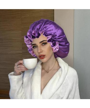 COOLCHI Satin Bonnet Cap Set for Women - Adjustable Silk Hair Wrap for Long Curly Hair - Khaki & Purple - Buy Online on GoSupps.com