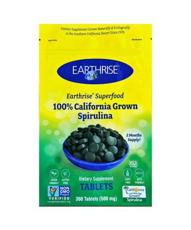 Earthrise Superfood 100% California Grown Spirulina 500mg Tablets (360 Count) Natural Premium Spirulina Vegan Gluten Free Keto Friendly Non -GMO High in Vitamins & Minerals 360 Count (Pack of 1)