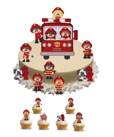 edible Fireman Firemen Fire Engine Stand Up Scene Made from Edible Wafer Card Perfect for Decorating Your birthday Cakes- childrens kids party Standing Cupcake Cake Toppers 25 pieces