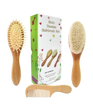 Molylove 3 Piece Baby Hair Brush and Comb Set for Newborn - Natural Wooden Hairbrush with Soft Goat Bristles for Cradle Cap - Perfect Scalp Grooming Product for Infant Toddler Kids - Baby
