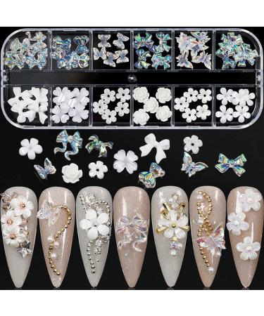 Flower Nail Art Charms 60pcs Nail Glitter Decals Decoration 3D Nail White Flower Mixed Design Acrylic Nail Stud Jewelry Salon Nail Accessories Supplies for Women DIY Manicures Tips