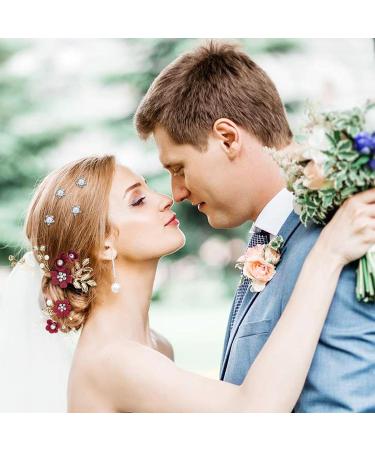 Cinaci 18 Pieces Bridal Wedding Party Prom Pearl Rhinestone Burgundy Flower Hair Side Combs Slides+U-shaped Flower Hair Pins+Twist Spiral Hairpins Floral Headpieces for Brides Bridesmaids Women Girls - Buy Online on GoSupps.com