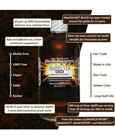 MediSILVER Black Immunity Booster Diatomic True Colloidal Silver AgNP Nutrient - 500 mL in Clear Glass Bottle - Buy Online on GoSupps.com