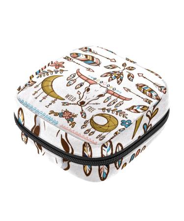 Boho Wild Animal Skull Head Feather Sanitary Napkin Storage Bag Portable Menstrual Pad Bag for Teen Girls Tampons Sanitary Pads for Women Ladies Multicoloured 09