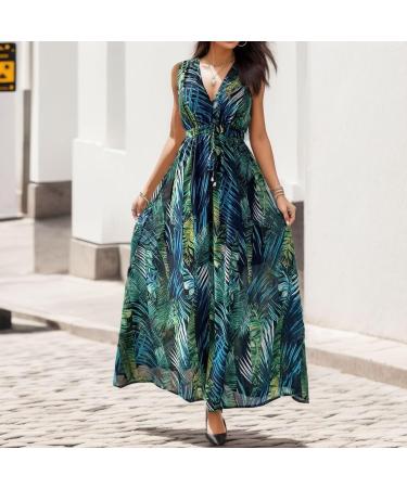 Womens Summer Short Sleeve Crewneck Pleated Swing Sundress Casual Boho Floral Print Long Maxi Dresses 1195-zayeh-green-6 L - Buy Online on GoSupps.com