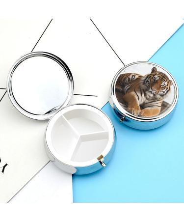 Round Tiger Print Pill Box - 3 Compartment Decorative Metal Organizer for Travel & Daily Use - Buy Online on GoSupps.com