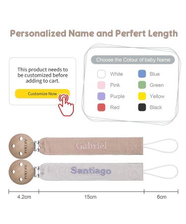 Personalized Tyry.hu Pacifier Chain for Boys & Girls - 2 Pack Gray & Khaki | Custom Name Wooden Clip Cotton Baby Gift - Buy Online on GoSupps.com