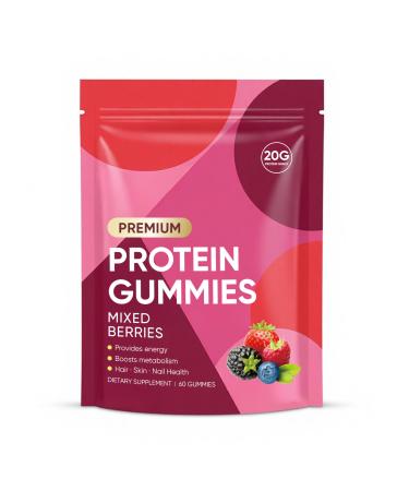 OAKA Protein Gummies 20g Protein per Serving Zero Sugar Mixed Berries Flavor Daily Protein Chews for Hair Skin & Nails 60 Gummies