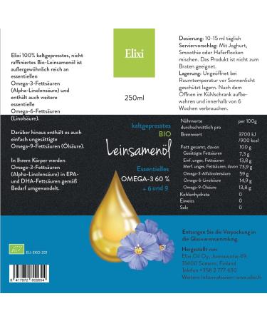 Elixi Organic Cold Pressed Linseed Oil - Omega-3 & Omega-6 Fatty Acids - 250ml Glass Bottle - International Shipping - Buy Online on GoSupps.com