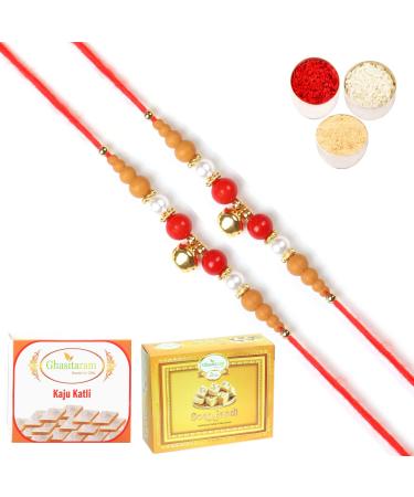 Ghasitaram Gifts Rakhis Online for Brother- Set of 2-6190 Rakhi Thread with 200 GMS of Kaju katli and 200 GMS of Soan Papdi 2 Rakhis with 200 gms of Kaju katli and Soan Papdi
