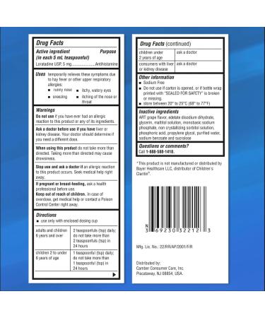 Camber Children s Allergy Medicine Dye-Free Non-Drowsy 24h Relief of Sneezing Runny Nose Itchy Watery Eyes Itchy Throat or Nose Indoor & Outdoor Allergies Grape Flavor - Buy Online on GoSupps.com
