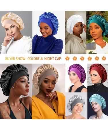 2PCS Silk Hair Bonnet for Sleeping - Black+Gold Silk Bonnet for Women | Wide Elastic Band Sleep Cap for Curly & Natural Hair - Buy Online on GoSupps.com