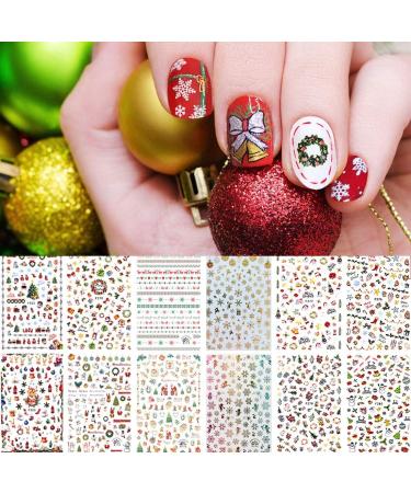 12 Sheets Christmas Nail Art Stickers Kalolary 3D Self-Adhesive Nail Stickers Decals Nail Art Tips Stencil for Women Girls Nail Art Design
