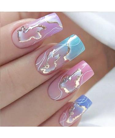 Press on Nails Medium Square Fake Nails Acrylic False Nails with Colorful Clouds Design Glossy Acrylic Nails Full Cover Glue on Nails for Women 24 Pcs